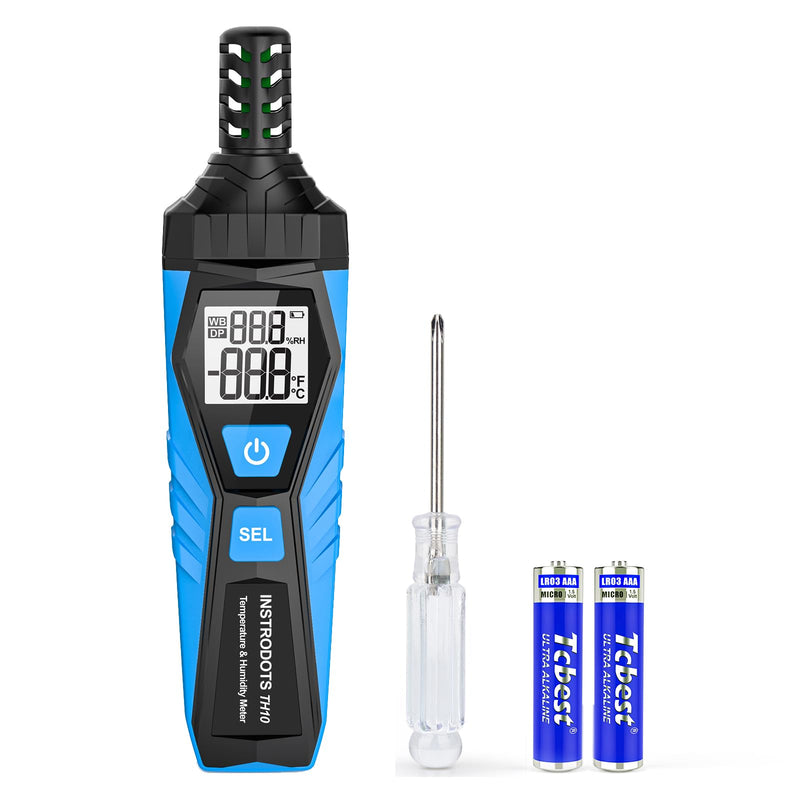 Temperature Humidity Meter - Handheld Thermometer Hygrometer with Ambient, Dew Point, Wet Bulb, High Precision Wet Bulb Thermometer, Dual Display Temperature & Humidity with LCD Backlight Blue TH10