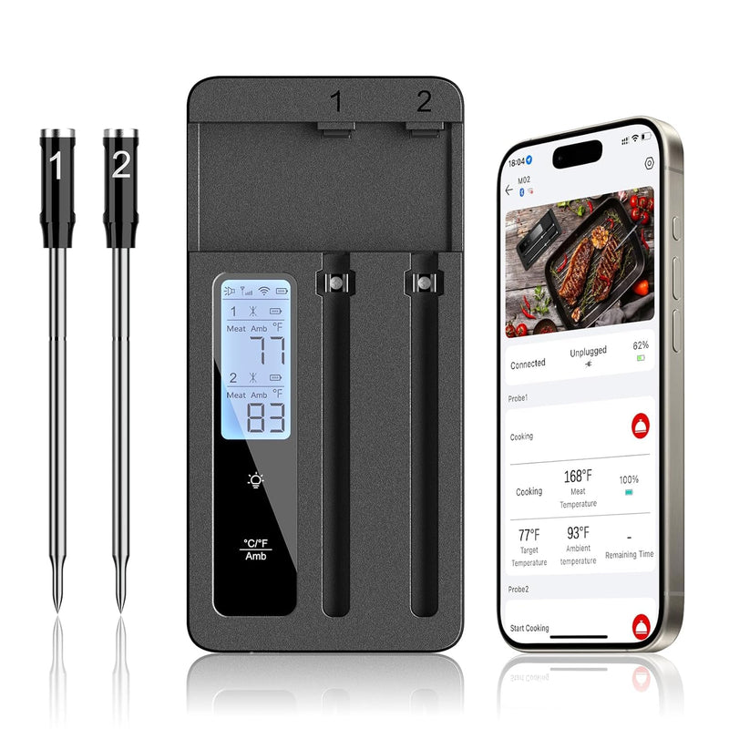 Smart Wireless Meat Thermometer with Dual Probes - Advanced Bluetooth Cooking Thermometer for Perfect Grilling, Smoking, Oven Roasting & Air Frying, Long Range Monitoring & Smart Alerts BLACK