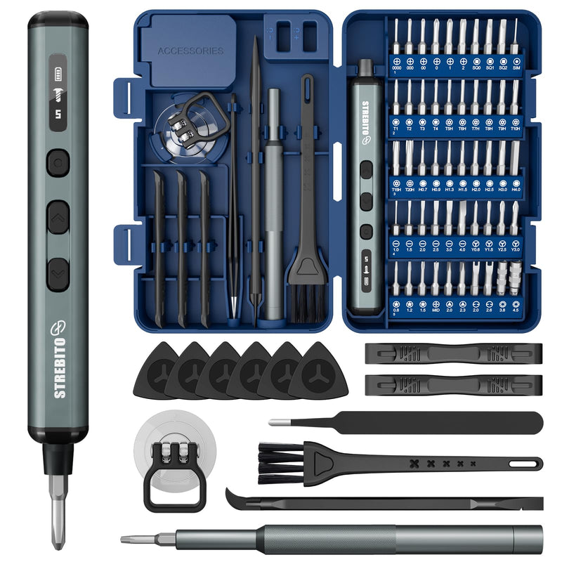 STREBITO Mini Electric Screwdriver Set, 67 in 1 Electric Precision Screwdriver - 50 S2 Magnetic Bits, 5 Torque Settings, 4 LED Lights, Electric Screwdriver Kit for PC Phone Laptop Camera Electronics Blue