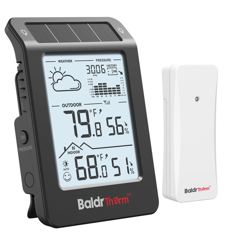 BaldrTherm Wireless Weather Station, Dual-Zone Indoor & Outdoor/Childroom Temp Humidity Monitor, Auto Smart Backlight,Temp/Humidity/Barometric Trend Visualization, Black&White