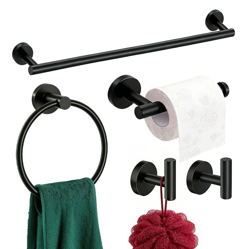 Matte Black 24in Stainless Steel Bathroom Hardware Set | Towel Bar Set , Bathroom Accessories Set Wall Mounted, Towel Racks for Bathroom, Towel Ring, Towel Hooks, Toilet Paper Holder 5