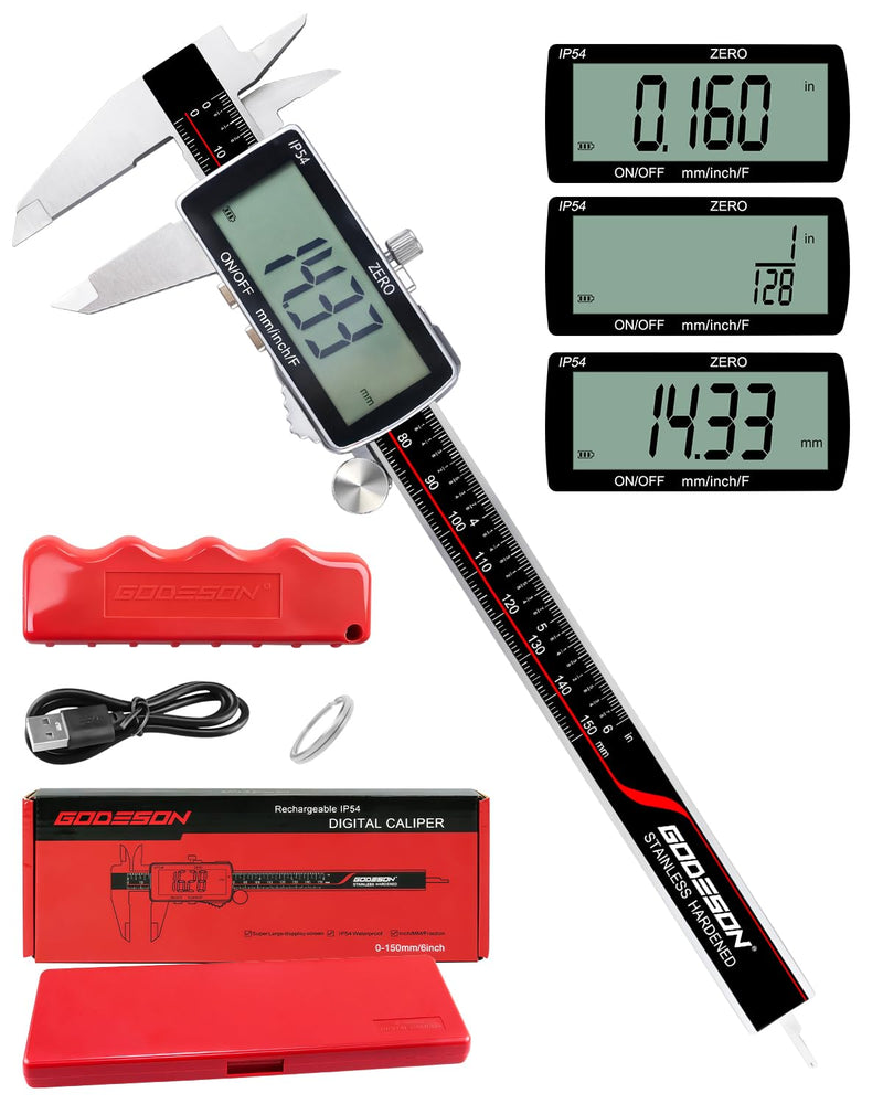 GODESON Digital Caliper, 6 Inch Rechargeable & Power Indicator Caliper Measuring Tool - 0.01mm Accuracy, Large LCD Vernier Calipers - IP54 & Full Stainless Steel, MM/Inch/F for Wood Working, DIY，3D 6-INCH USB-C