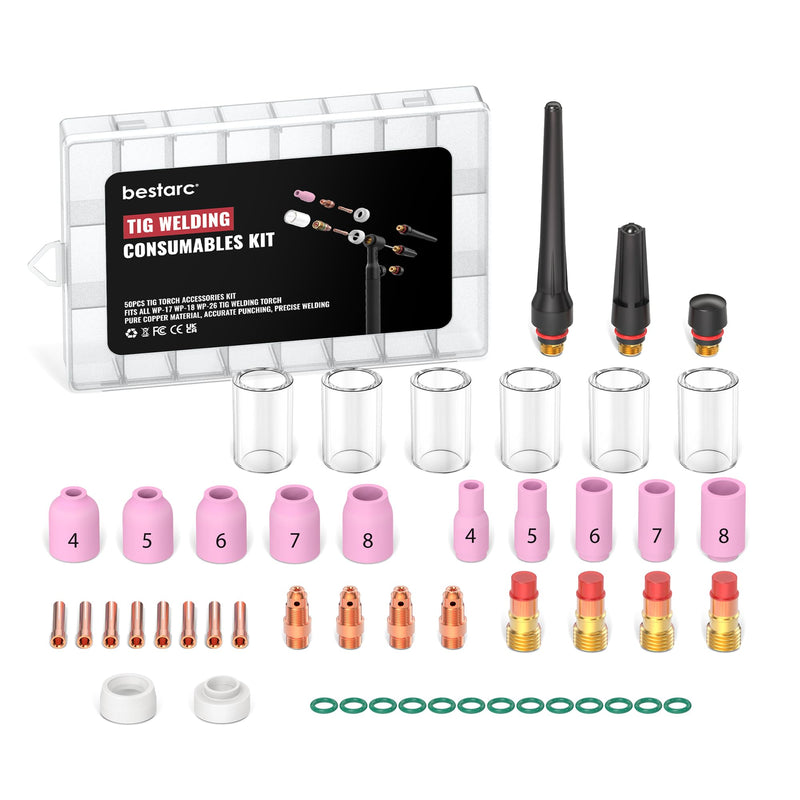 Bestarc 50Pcs TIG Welding Torch Accessories, Alumina Nozzle Stubby Gas Lens #10 Glass Cup TIG Torch Kit for TIG WP-17/18/26