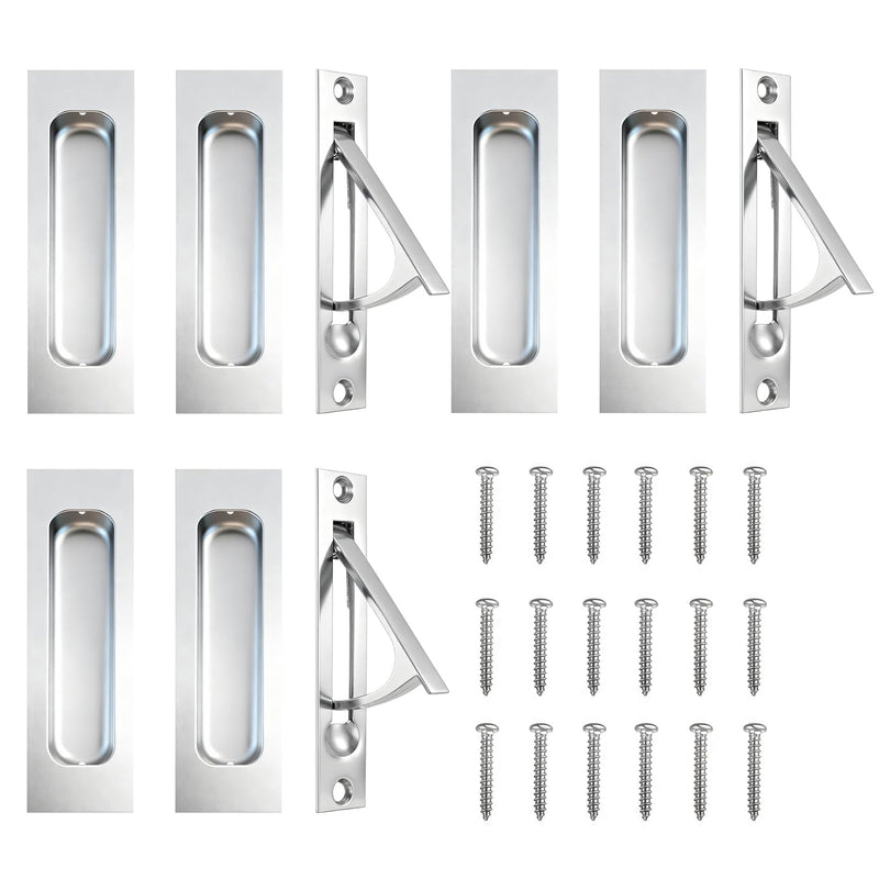 Lethato Brushed Silver Pocket Door Hardware Set, 6 Recessed Flush Finger Pull 3 Edge Pull, Stainless Steel Pocket Door Pull Rectangular Barn Door Hardware Door Handle - 3 Pack 3 Sets with Pull - Brushed Silver
