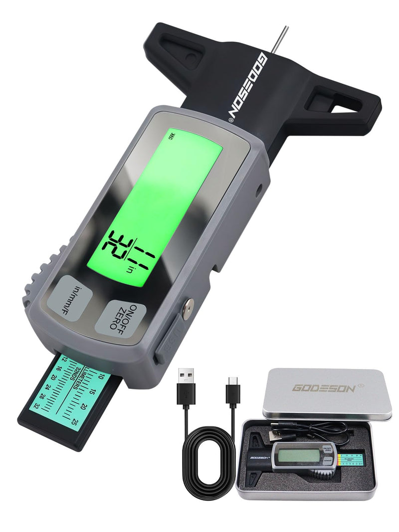 GODESON Tire Tread Depth Gauge,Rechargeable Digital Tire Depth Gauge - USB-C,3-Unit Switch (mm/Decimal/Fraction Inch), Backlit LCD Display, Auto Power Off, 0-32NDS for Car/SUV/Truck Wear Measurement