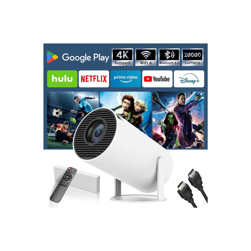 1080P Projector with Android 11, 300 ANSI Home Theater Projector, 4K Support, 30-130” Display, WiFi 6, BT 5.0, Portable Movie Projector Compatible with Smartphone, HDMI,USB white