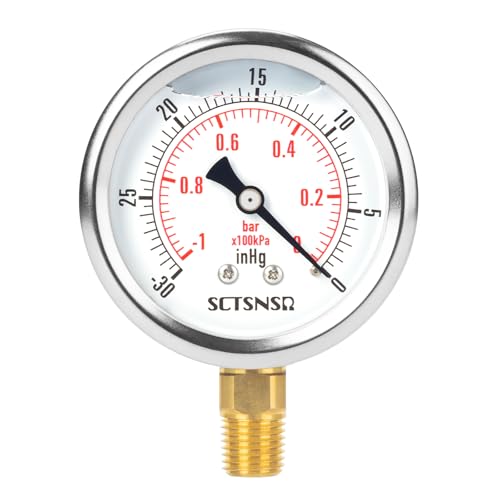 30 inHg-0 Pressure Gauge, Liquid Filled, 1/4" NPT Lower Mount -30 inHg-0
