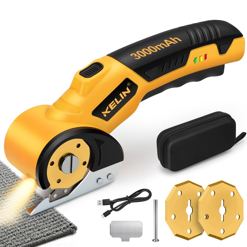 2026 New 3000mAh Cardboard Box Cutter with 2 Titanium Blades, Cordless Electric Scissors with Safety Lock & LED Light, Storage Box, 300RPM, 4V, Cutter for Fabric Carpet Carton Plastic Leather Cloth Yellow-orange 2