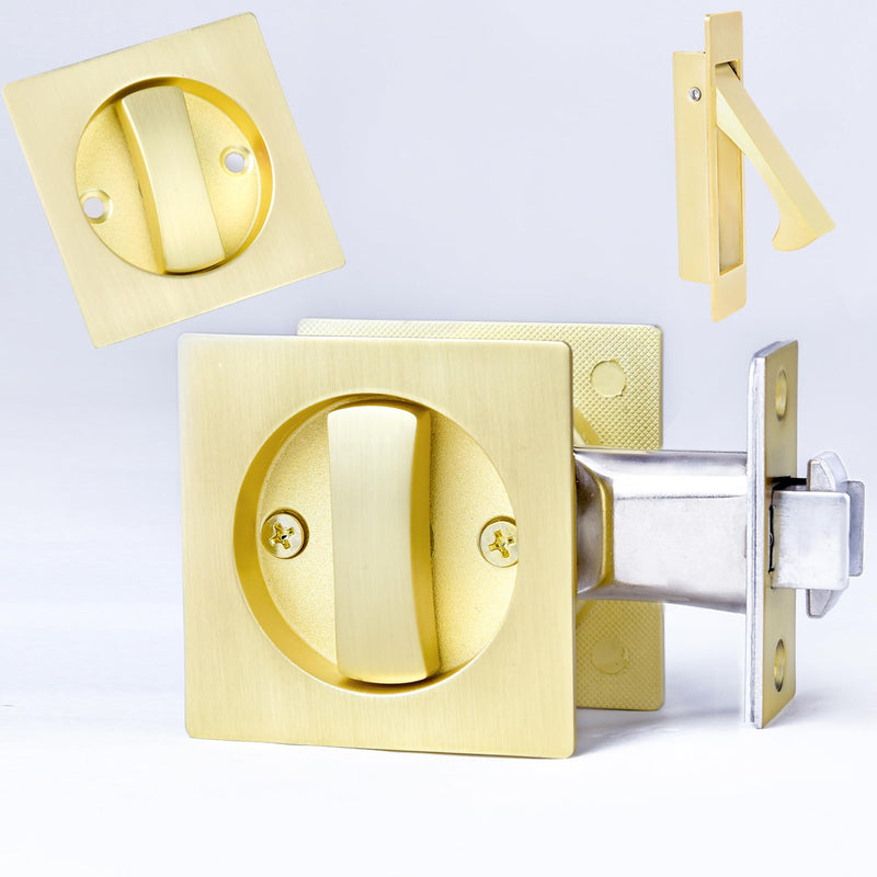 Dontay Pocket Door Passage Latches Lock,Flush Double Sided Rotation,Privacy (Bed/Bath) Latch,Large Lever,Hardware for 1 3/8" to 2 3/16" Sliding Door & Bathroom Doors (Satin Brass, Square - 1 Set) Satin Brass