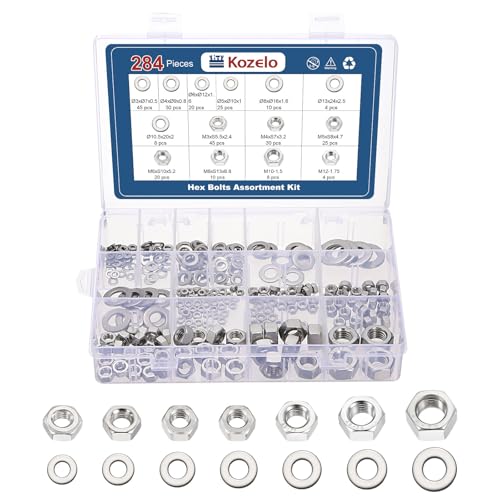 284pcs[M3 M4 M5 M6 M8 M10 M12] Hex Nuts Assortment Kit SS304 M3/M4/M5/M6/M8/M10/M12 284