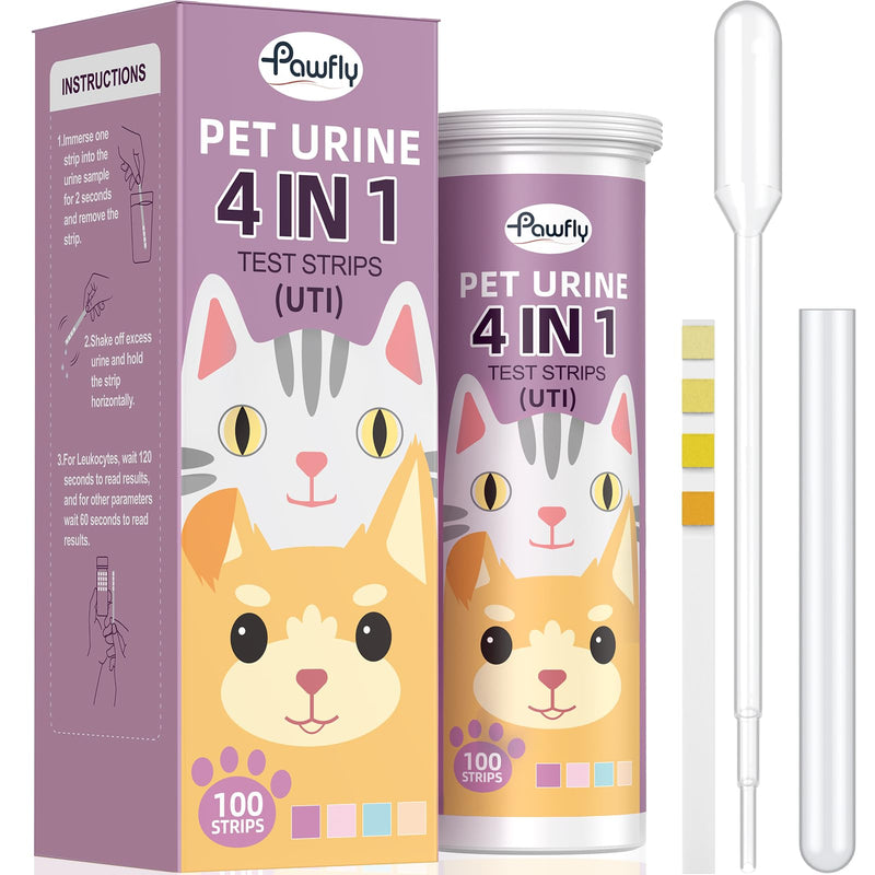 Pawfly Urine Test Strips for Dogs & Cats, 100 Strips, 4 in 1 Pet Urine Testing Strips for Leukocytes, Nitrite, Protein & Blood, UTI Test Strips, Urinalysis Test Strips for Vets