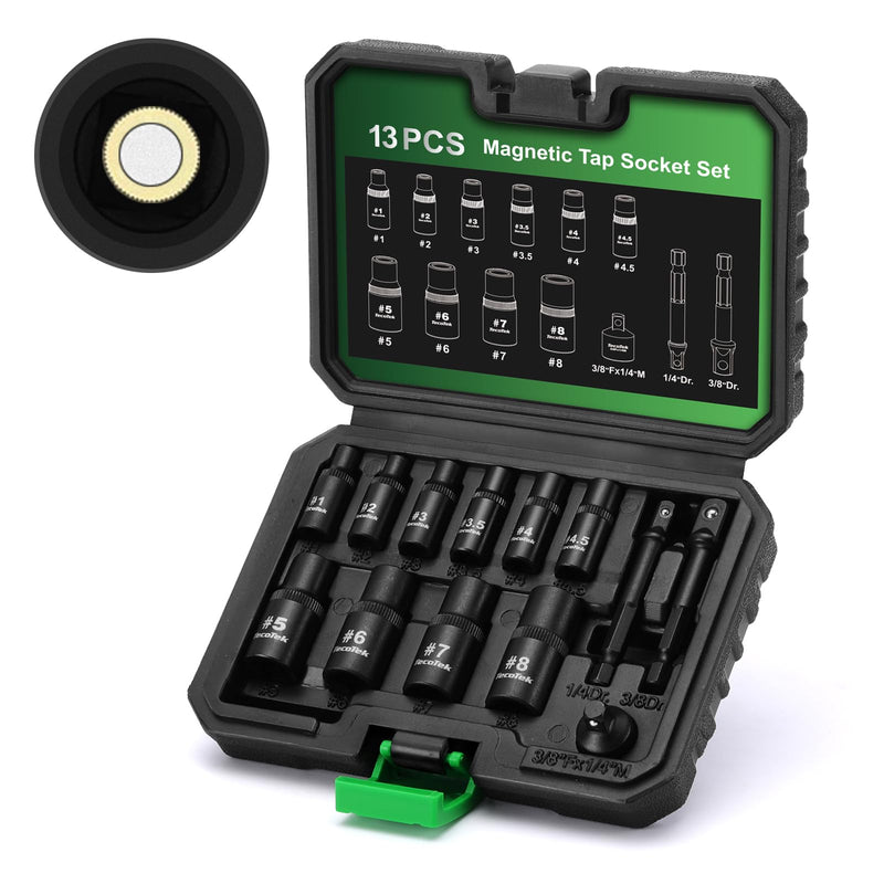 13PCS Magnetic Tap Socket Set, 1/4" & 3/8" Drive Square Drive Tap Handle Tool, Square Socket Set for Fractional MCTI Standard Tap Thru 1/2" & 1/8" NPT Taps