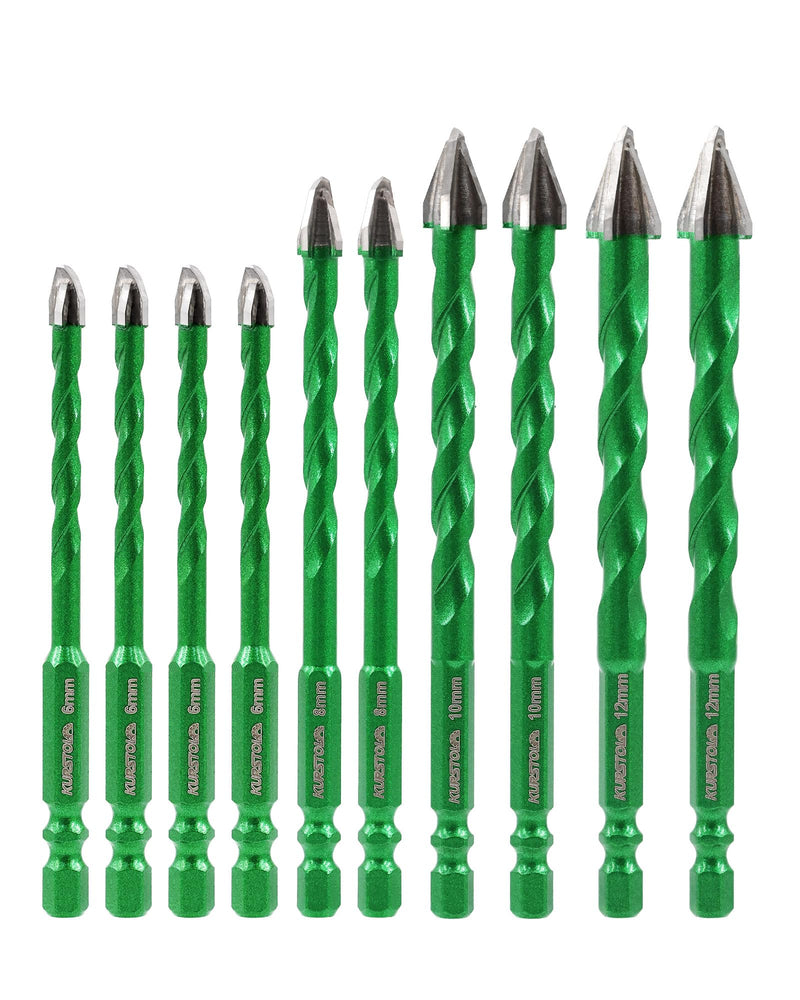 Masonry Drill Bit Set, 10pcs 1/4”-1/2” Carbide Eccentric Drill Bit Quick Change Shank for Ceramic Tile Wood Plastic Masonry Concrete Glass 6mm*4/8mm*2/10mm*2/12mm*2 10
