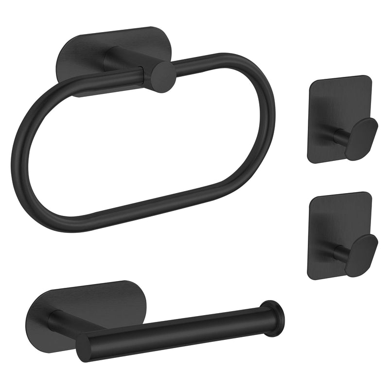 Self-Adhesive Bathroom Hardware Set, Towel Ring, Toilet Paper Holder and 2 Towel Hooks for Kitchen/Bathroom, No-Drilling Stainless Steel Bathroom Accessories, Wall Mounted, Black