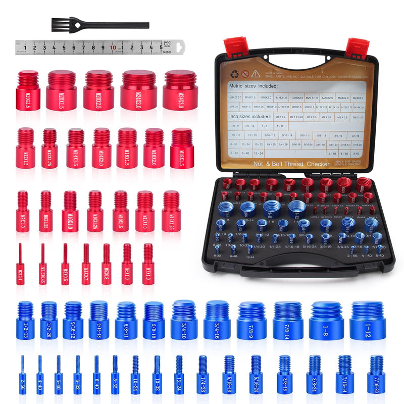Nut and Bolt Thread Checker Set, 55 Pcs Thread Checker Tool (25 Metric & 30 SAE), Bolt Thread Gauge & Size Finder, Bolt and Nut Identifier with Storage Case for Mechanics Garage