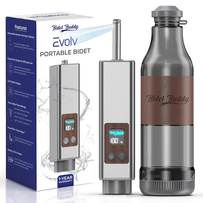 BIDET BUDDY® Evolv Portable Bidet for Travel – 530ml Bottle, Self-Cleaning Retractable Nozzle, 1100mAh Rechargeable, USB C Charging, IPX7 Waterproof with LED Display, 3 Water Flow Modes - Silver