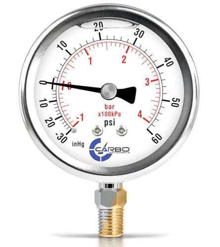 Compound Pressure Gauge -30 inHg to 60 PSI, Liquid Filled, 4" Dial, 1/4 NPT Lower Mount, 304 Stainless Steel Case, Brass Parts, PSI/inHg - ASME B40.1 Grade A -30inHg / 0 / +60Psi STANDARD