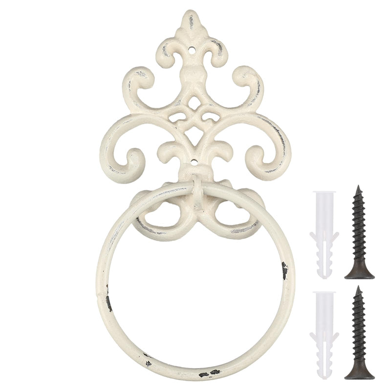 1 Pcs White Vintage Cast Iron Solid Towel Ring Fleur De Lis Design Antique Towel Holder for Bathroom Kitchen Accessories Wall Mounted Christmas Party Gifts 8.5 x 4.7 Inches 1