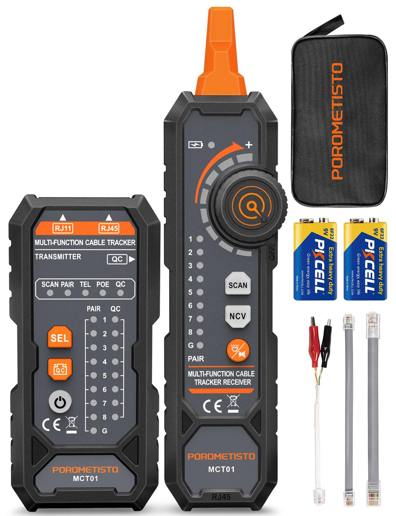 MCT01 4-in-1 Network Cable Tester – POROMETISTO Ethernet Tester with PoE, NCV, Tone Tracing & Flashlight, RJ11 RJ45 Wire Tracer for Cat5/Cat6 Continuity, Telephone Line Polarity, Electrician Tool Kit