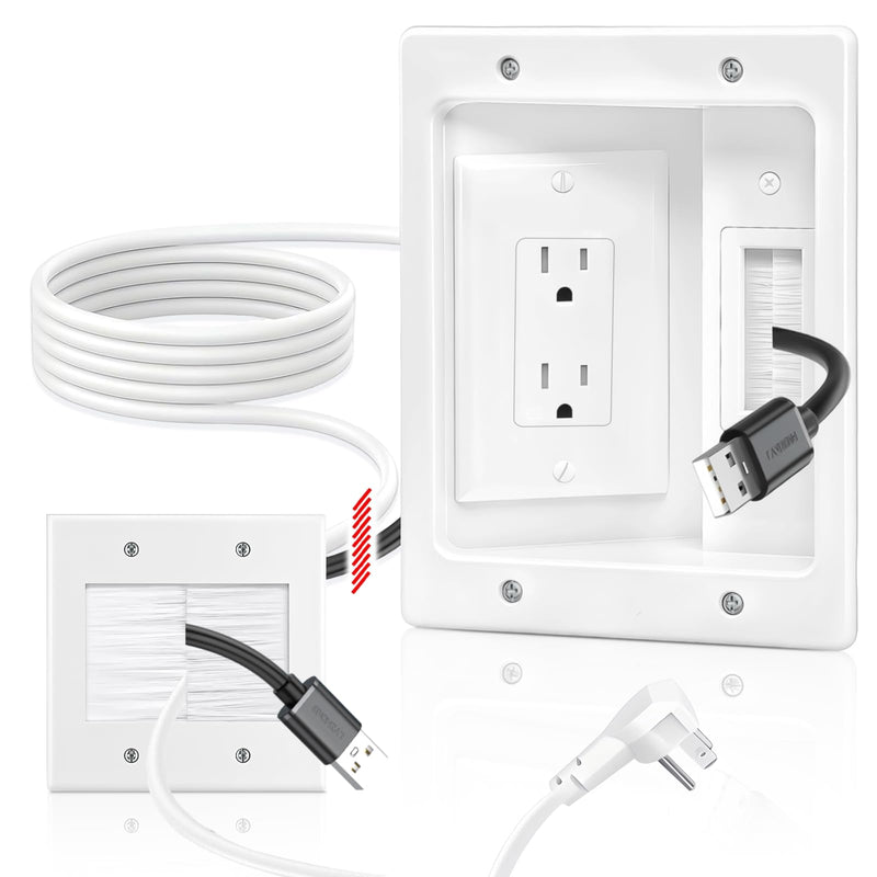 in Wall Cable Management Kit with Recessed Tv Outlet Box-Two-Hole Socket, 9ft Cord,Tv Cable Hider Wall Kit Hider Box Fits All Plugs, Easy, Safe Cable Management Full Management Kit