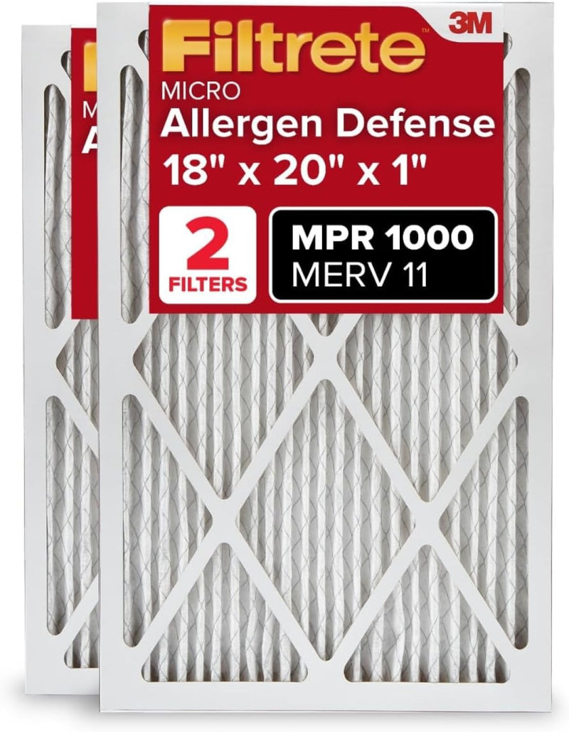 Filtrete 18x20x1 AC Furnace Air Filter, MERV 11, MPR 1000, Micro Allergen Defense, 3-Month Pleated 1-Inch Electrostatic Air Cleaning Filter, 2 Pack (Actual Size 17.81 x 19.81 x 0.81 in)