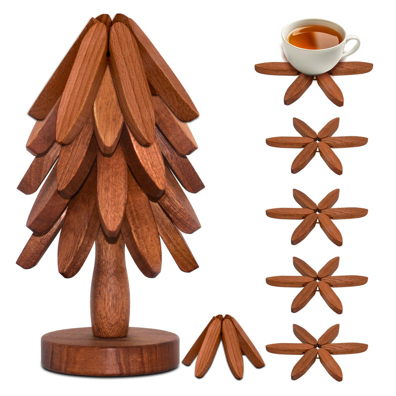 Wooden Trivets for Hot Dishes, Wooden Tree Trivet Set of 5 for Easy Storage - Suited for Hots, Pans, Bowl, Teapot, Hot Holders - Multifunctional Ornaments (Dark - 5 PCs) Dark - 5 Pcs