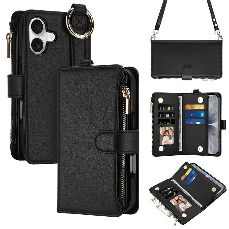 Vofolen for iPhone 17 Case Wallet with Card Holder RFID Blocking Black | Crossbody Strap, Leather Heavy Duty Shockproof Protective, Magnetic Clasp Zipper Pocket, Metal Ring, Wrist Strap Phone Case