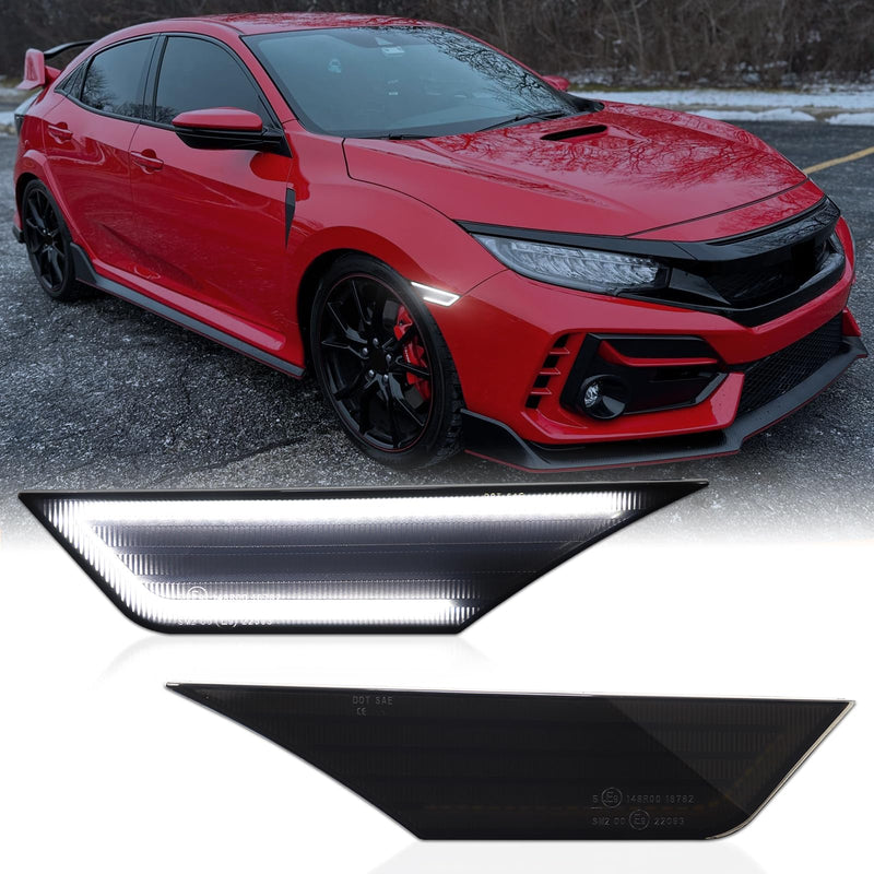 White LED Side Marker Lights for Honda Civic 2016-2021 10th Gen Civic Sedan Coupe Hatchback, Front Bumper Fender Turn Signal Reflector Daytime Running Lights, Smoked Lens 2PCS