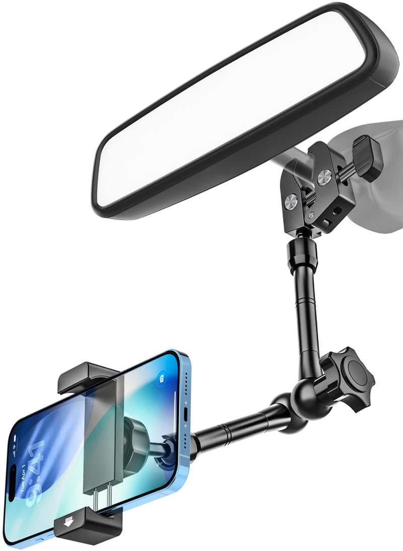 Rearview Mirror Phone Holder for Car - [Metal Arm Clip] Cell Phone Holders for Your Car Mount Automobile Hands Free Cradle Rear View Mirror for iPhone Air 17 16 15 14 13 Pro Max, Galaxy, 4-7" Phones