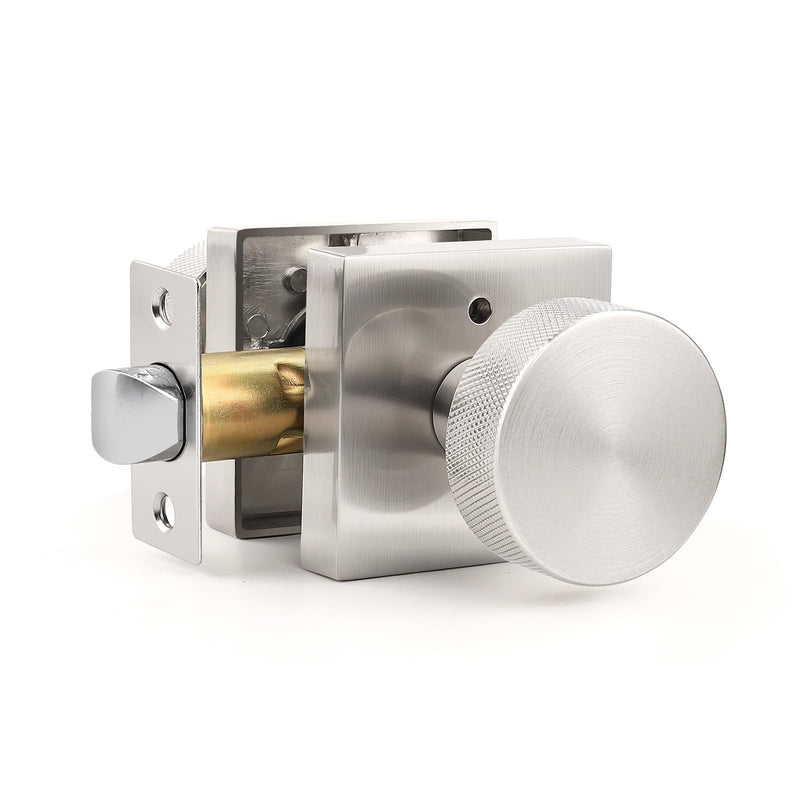 Orger Brushed Nickel Privacy Door Knobs Interior, Zinc Alloy Keyless Stain Nickle Door Knobs with Lock for Bedroom and Bathroom, Knurled Heavy Duty Silver Square Base Modern Doorknobs, 1 Pack