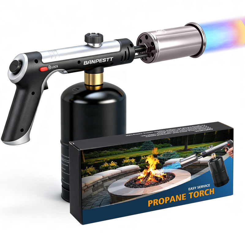 Powerful Propane Torch Gun with One-Tap Max Power & Safety Lock, Adjustable Flame Up to 3,272°F for BBQ, Searing, Camping, Weeding & DIY (Tank Not Included)