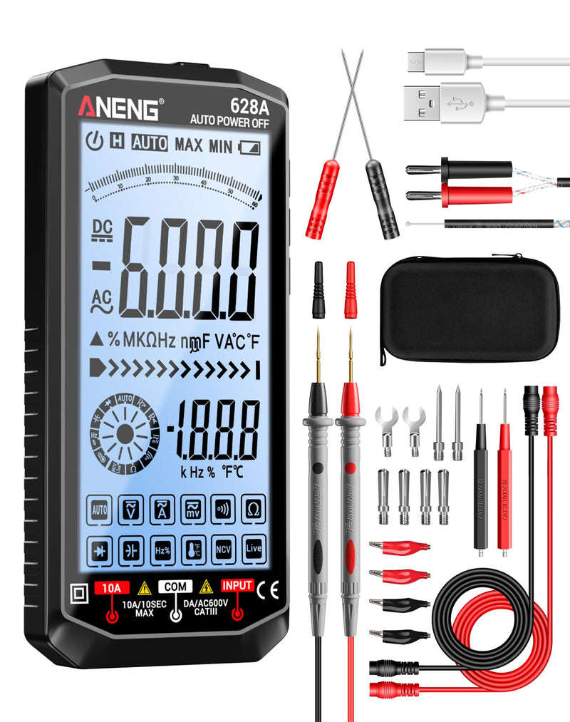 ANENG Multimeter,Digital Voltmeter Tester,TRMS 6000 Counts Rechargeable Meter Measures AC/DC Voltage,Current,Resistance,Capacitance,Temperature,Hz,NCV,Diode,Continuity Auto Ranging Electircal Tools Black