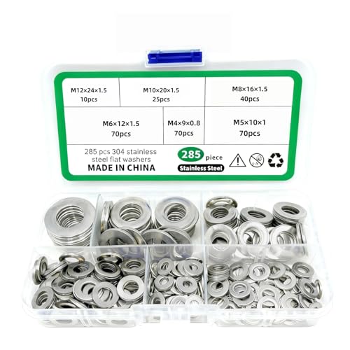 BOLDGNAITE 285PCS Flat Washers Kit, 304 Stainless Steel Metric Sizes M4–M12, Durable Metal Washers for Bolts, Screws, and Home Repair Projects