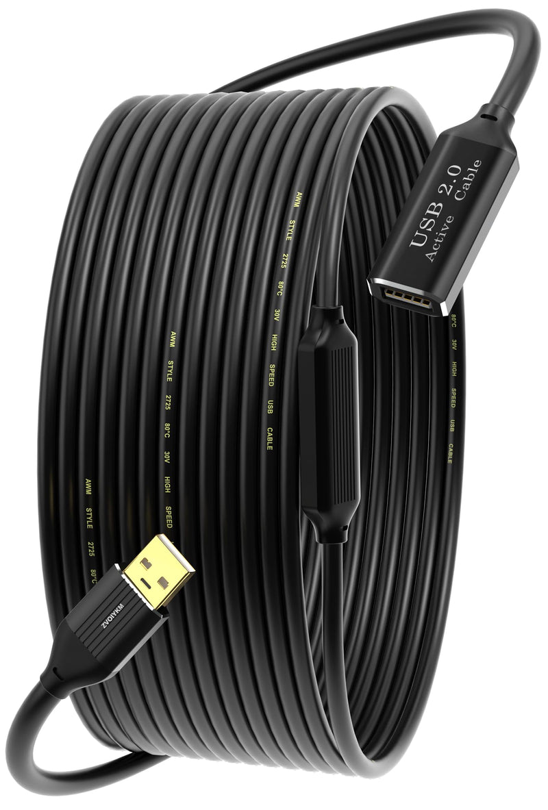 Active USB 2.0 Extension Cable 50FT(15M)with Built-in Signal Booster, 480Mbps High Speed Data Transfer Male to Female Repeater Cord, in-Wall-Long USB Extender for VR/Printer/Hard Drive/Xbox/PC 50 ft (15m)
