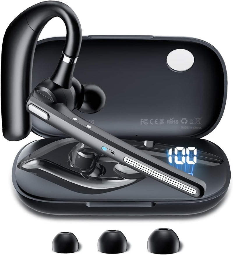 Bluetooth Headset with 72-Hour Talk Time & 500mAh Charging Case, Bluetooth V5.3 Headset with Noise Cancelling Mic – Wireless Earpiece Hands-Free Headphones for Office Trucker Driving Business,Black Black