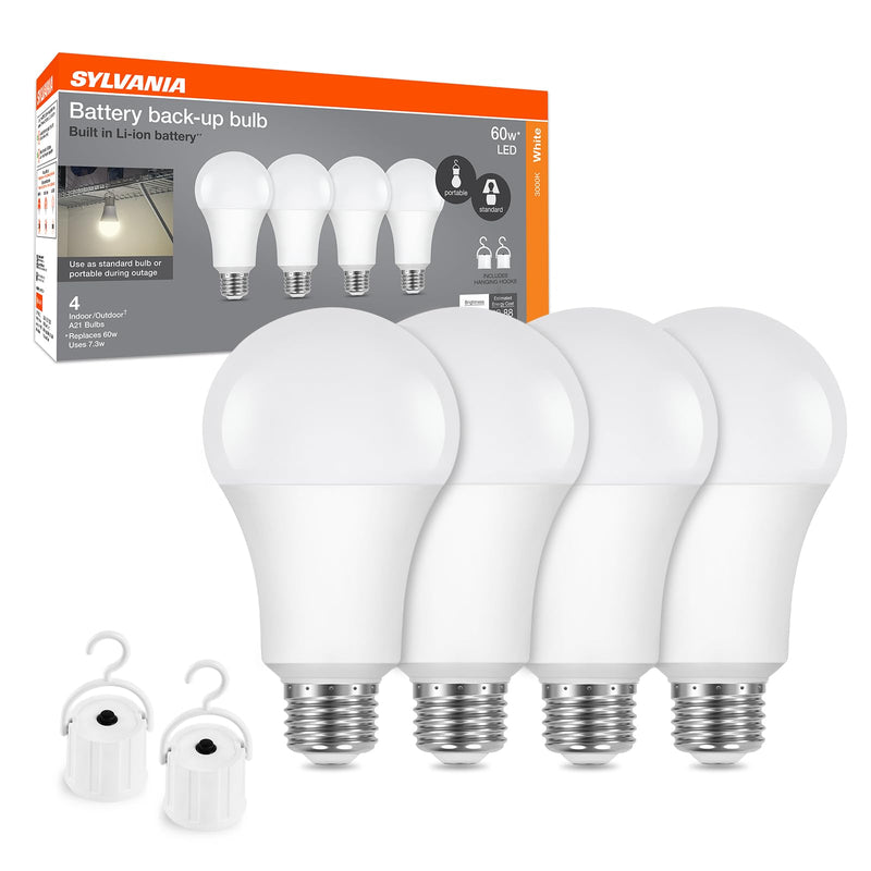 SYLVANIA LED Rechargeable Light Bulbs, A21 Battery Operated Light Bulb, 60W = 7.3W, Indoor/Outdoor Emergency Light Bulbs, 800 LMS, 3000K, Soft White, Hanging Accessories Included - 4 Pack (42687) 3000K Neutral White
