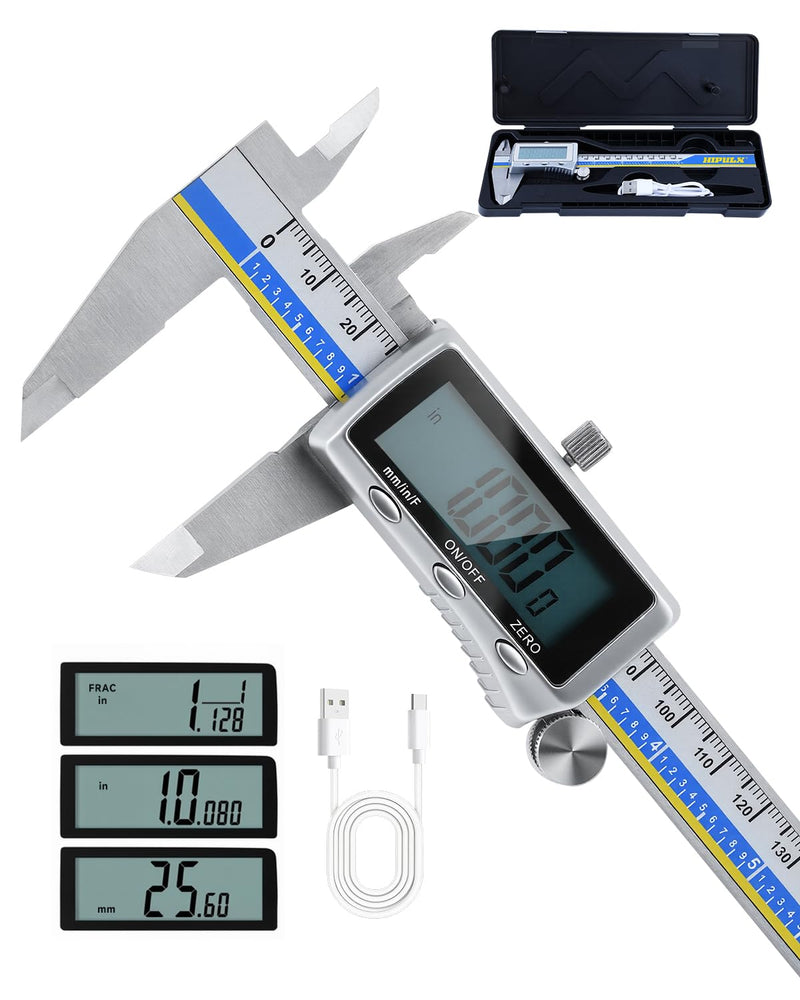 Digital Caliper with USB-C Charging, 6" Stainless Steel Digital Caliper Measuring Tool, 4-in-1 Calipers with Large LCD Screen, Micrometer with MM/in/F Conversion for DIY/Household/3D-printing