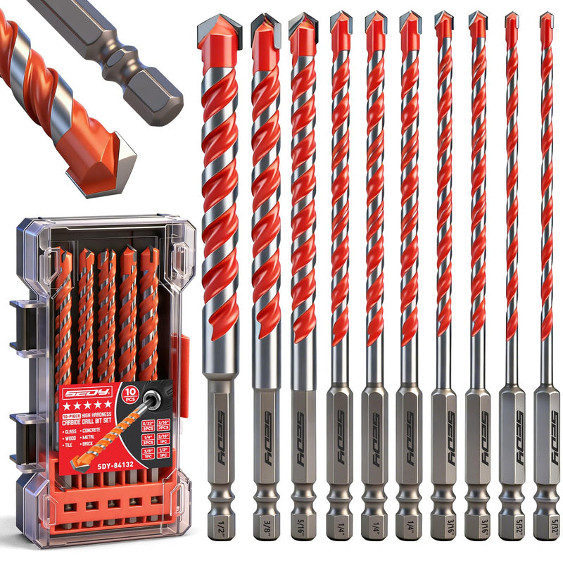10-Piece Masonry Drill Bit Set, 6-Inch Carbide Tipped Concrete Drill Bits with Hex Shank for Brick, Cement, Tile, Wood and Light Metal, Fast Drilling and Chip Removal