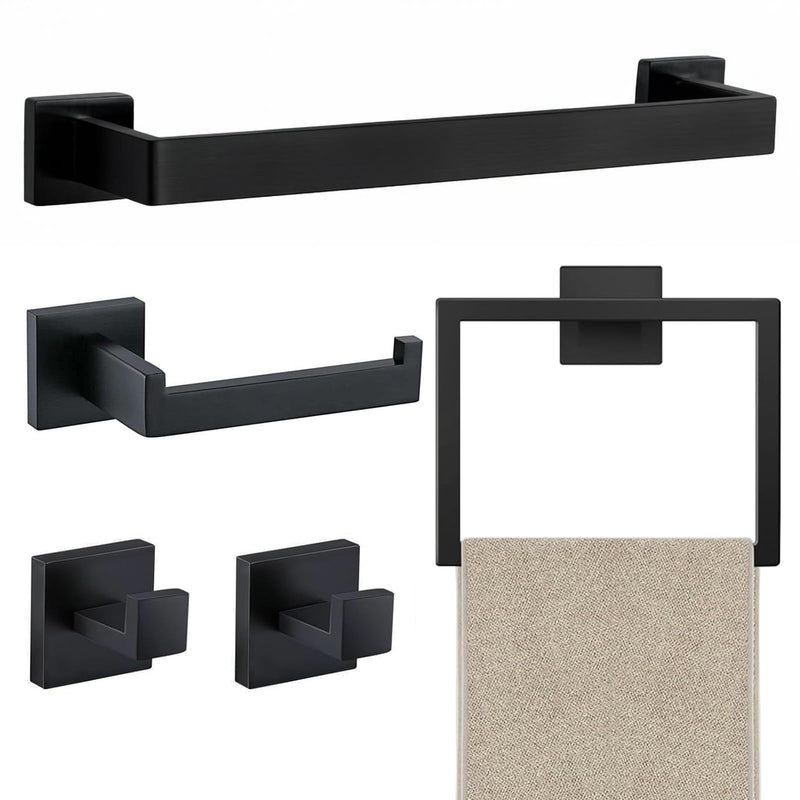 JOPOFI 5 Piece Towel Bar Set - 15.7Inch Bathroom Towel Holder - Matte Black | Stainless Steel Towel Racks for Bathroom Wall Mounted, Bathroom Hardware Accessories Set Matte Black（5 Piece） 15.7 inch