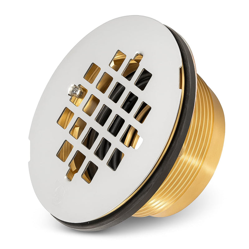 Solid Brass No-Caulk Compression Shower Stall Flange for 2" Drain Pipe with 4-1/4" Chrome Polished Stainless Steel Strainer