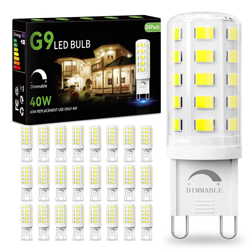 dalattin 24 Pack Dimmable G9 LED Bulb 4W Equivalent 40 Watt, 6000K Daylight White, T4 G9 Bi-pin Base Halogen Replacement, G9 Socket Light Bulb for Chandelier Wall Sconce, 450LM, 120V Daylight White 6000k