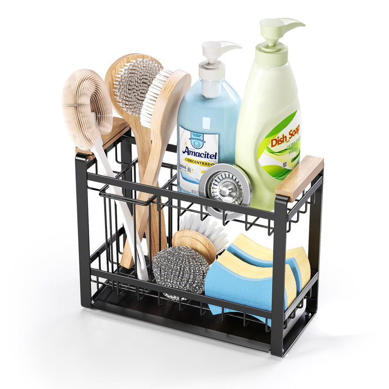 Sink Caddy Organizer with Wooden Handle, 2-Tier Rustproof Metal Sink Organizer Non-Slip Suction Cups, Multi-Functional Storage for Sponge, Soap Dispenser, Kitchen and Bathroom Countertop Accessories 2 Tier Black