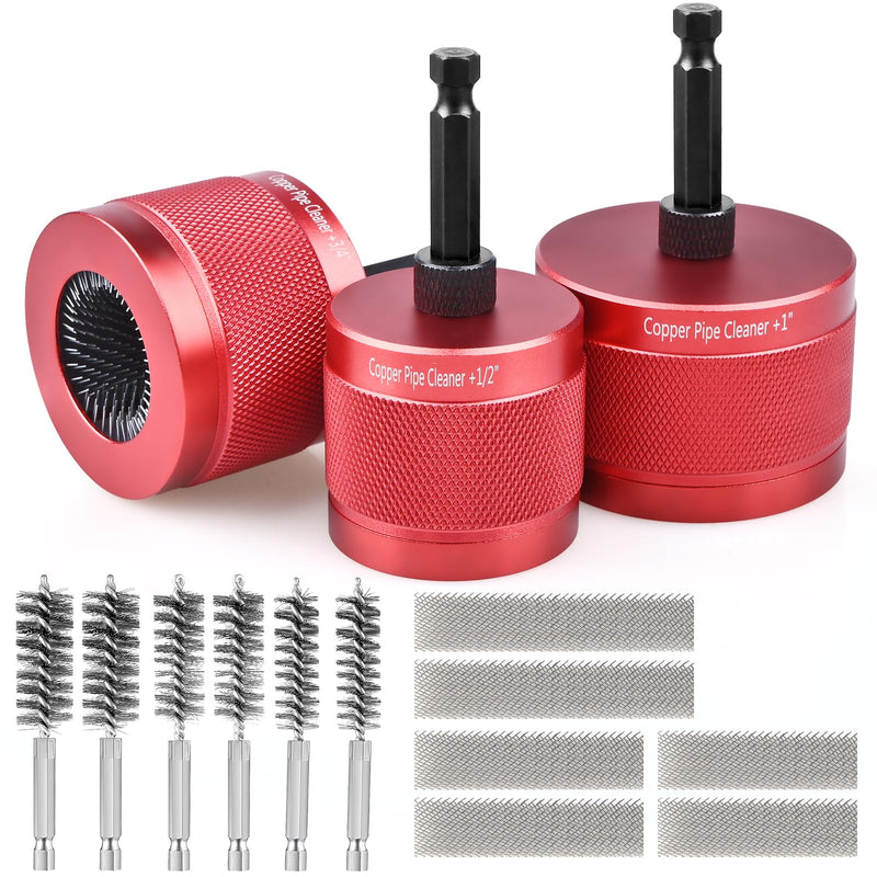 1/2" & 3/4" & 1" Metal Copper Pipe Cleaner for Drill, with 1/4" Hex Shank & 6 Brush Blades & 6 Pipe Cleaning Brushes, Plumbing Tools for Cleaning, Polishing & Removing Rust