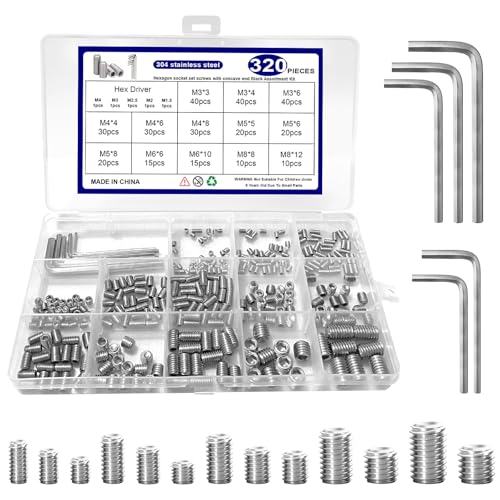 320 Pcs Metric Set Screw M3 M4 M5 M6 M8 Hex Socket Head Multi-Size Kit,304 Stainless Steel Set Screw Assortment Kit, for DIY & Professional Use with Storage Box