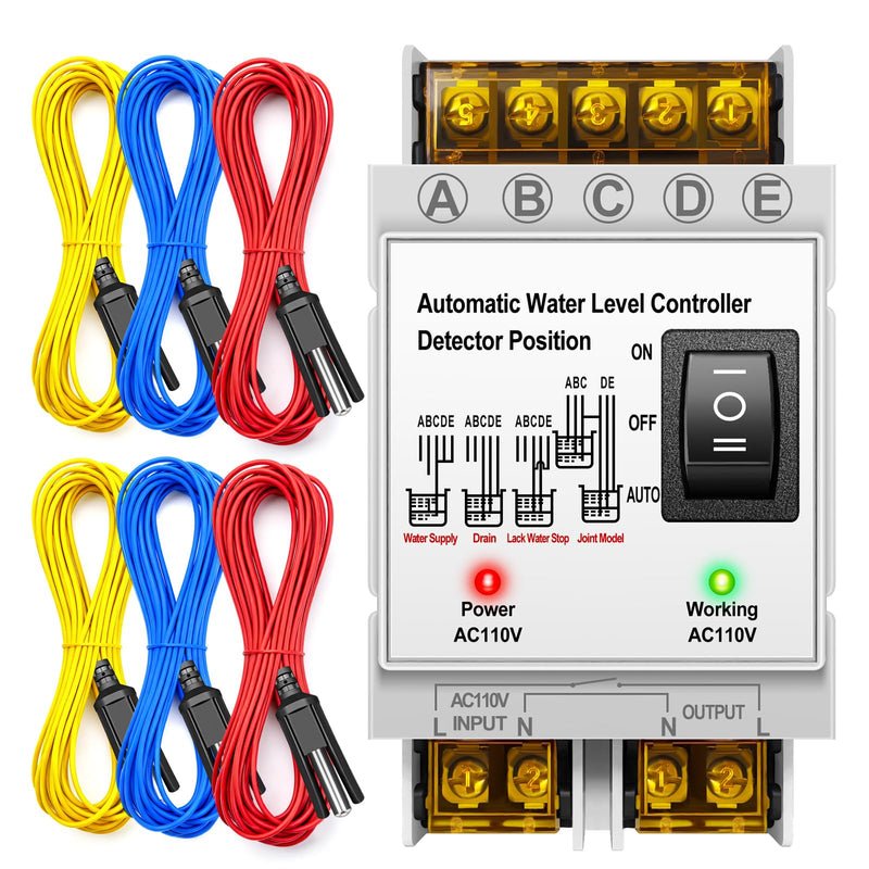 Automatic Water Level Controller AC 110V, Liquid Level Sensor Pump Float Switch Control Relay with 6.5ft Detector, 4 Modes Auto Water Tank Supply & Drain Control