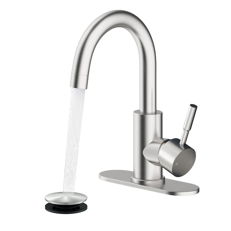 Fransiton Bathroom Faucets, Bar Sink Faucet Single Hole for Bathroom Kitchen Campers with Pop-Up Drain Hose, Suitable for Farmhouse Vanity Lavatory Brushed Nickel Classic