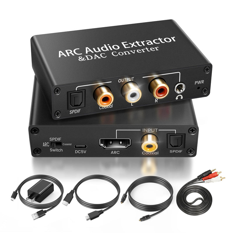 HDMI ARC Audio Extractor DAC Audio Converter 192KHz Digital to Analog Converter for PS3 PS4 HDTV DVD Home Systems, HDMI ARC/Optical/Coaxial Input, SPDIF/Optical/RCA/3.5mm Stereo Output(with 4 Cables) Black