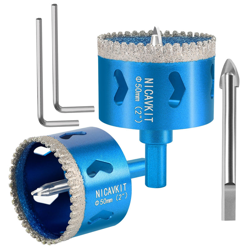 2Pcs 2 Inch Diamond Hole Saw Bits with Pilot Drill Bit, 2" Serrated Brazing Tile Hole Saw Diamond Tipped Drill Bits for Porcelain Tile Ceramic Stone Granite Marble Glass Bottles 2"(50mm)