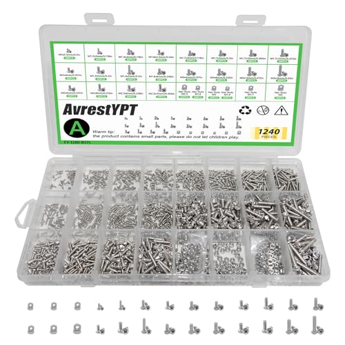 1240Pcs 304 Stainless Steel Metric Micro Screws Nuts Assortment, M1 M1.2 M1.4 M1.6 M1.7 M2 M2.5 M3 Sizes, Micro Phillips Head Pan Head Screws, Fully Threaded Kit for Arduino, RC Models, Electronics M1/1.2/1.4/1.6/1.7/2/2.5/3-1240Pcs