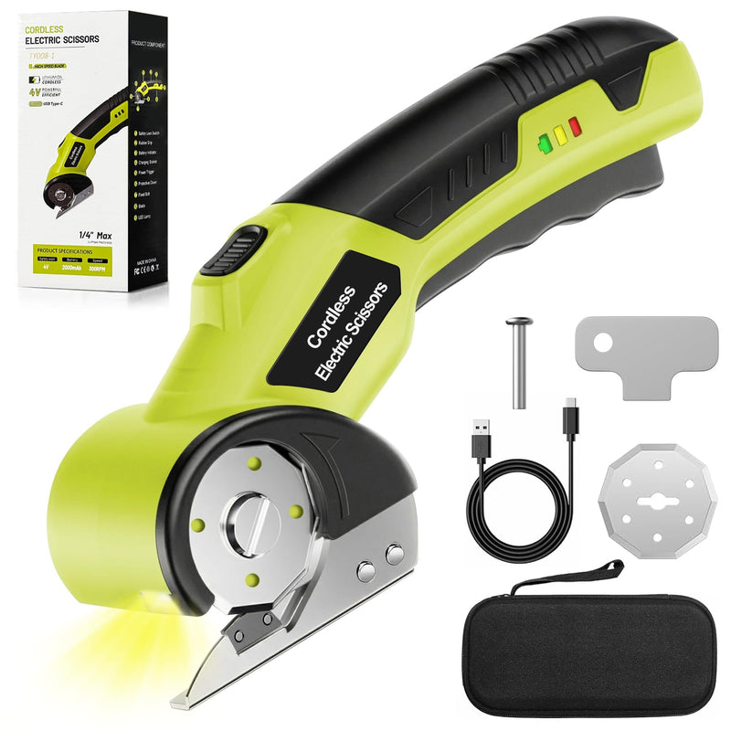 Cordless Electric Cutter, 4V Rechargeable Scissors Box Cutter with 2 Rotary Blades, USB Cable,Storage Bag, Safety Lock & LED Light, For Cardboard, Fabric, Plastic, Leather, Carpet, Packaging, DIY